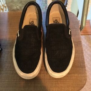 Size 8.5 black “ suede like” vans slip ons